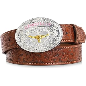 Kajeer Girls Western Belt for Kids Embossed Longhorn Country Cowgirl Belt | Removable Buckle Vintage Engraved Printed Thicken