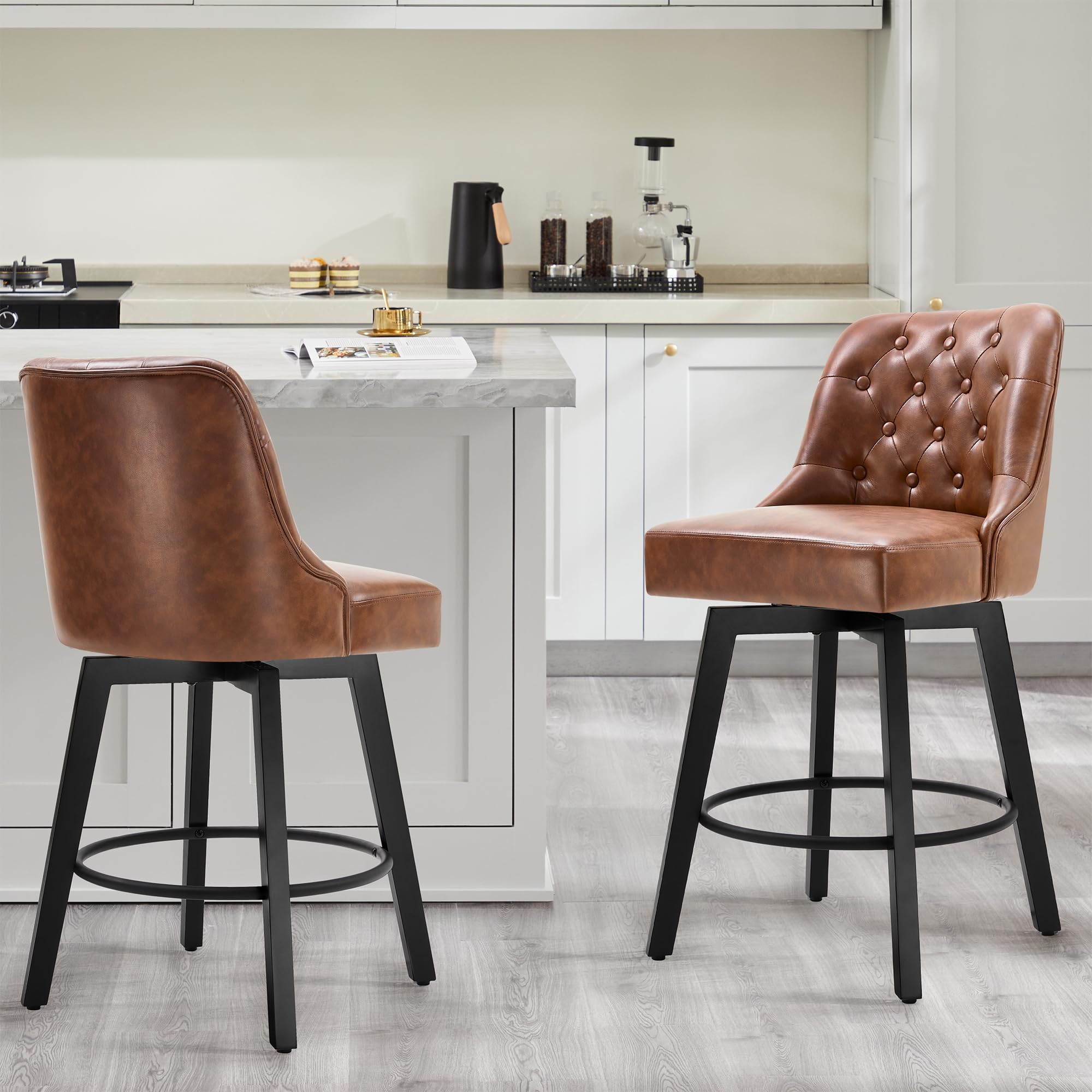 Photo 1 of ***ONLY ONE CHAIR/DAMAGED BROKEN LEG**KISLOT Counter Height Swivel Barstools with Back,26" H Seat Height Upholstered Bar Stools for Kitchen Island,Set of 2,Brown Leather