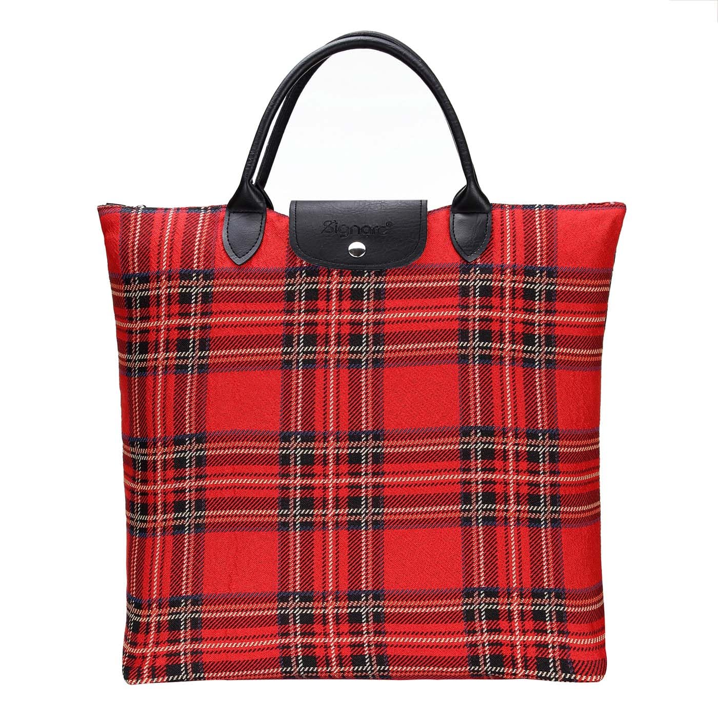 Signare Tapestry Foldable Tote Bag Reusable Shopping Bag Grocery Bag with Mexican Folk Art Design (Royal Stewart Tartan) — image 1