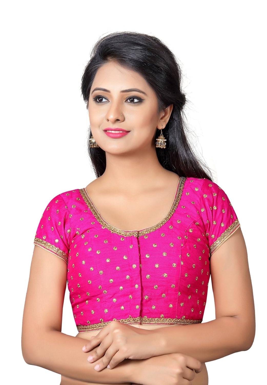 salwar studio women's pink dupion silk readymade front open saree blouse