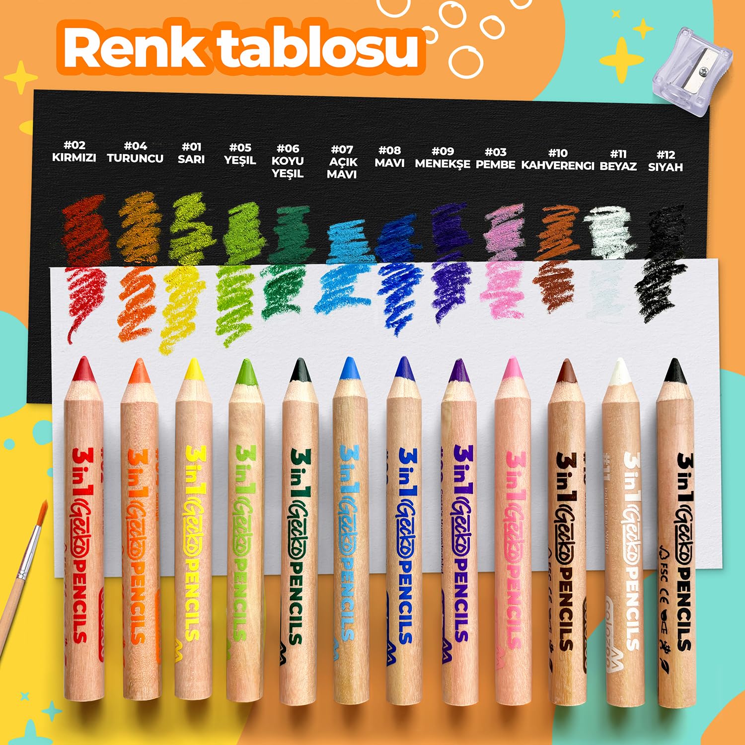 3 In 1 Chubby Color Pencils for Kids - Fat Colored Pencils 12 Colors Set inc. Brush and Sharpener - Non-Toxic and Vegan for Ages 3 And Up