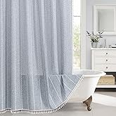 MitoVilla Blue Boho Fabric Shower Curtain, Modern Farmhouse Polyester Linen Shower Curtains for Vintage Rustic Bathroom Decor, Country Tassel Thick Cloth Shower Curtain, 72 x 72