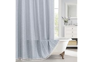 MitoVilla Blue Boho Fabric Shower Curtain, Modern Farmhouse Polyester Linen Shower Curtains for Vintage Rustic Bathroom Decor, Country Tassel Thick Cloth Shower Curtain, 72 x 72
