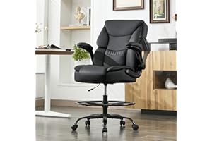 SOFETURA 500LBS Drafting Chair, High Back Safer Standing Desk Chair, Executive Tall Office Chair with Flip-up Armrests, Upholstered PU Leather Task Chair, Ergonomic Seat with Adjustable Height&Foot Ring, Black