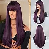 TRUMOST Long Straight Purple Wigs with Bangs for Women 28 Inch Heat Resistant Synthetic Hair Wig with dark roots for Cosplay Halloween Party Daily Use