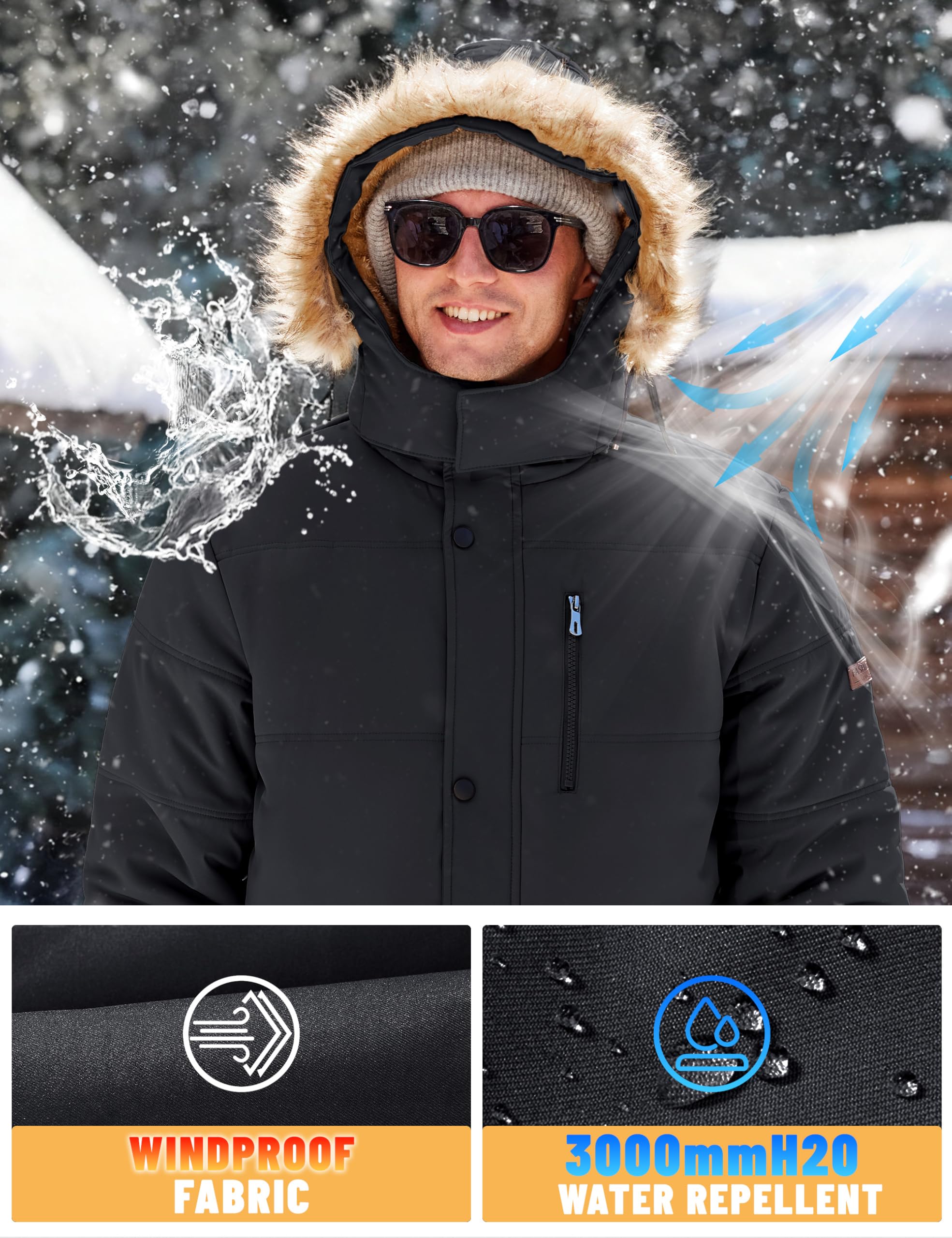 TACVASEN Men's Winter Jacket with Hood Water Repellent Windproof Thicken Parka Winter Coat
