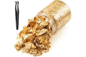 FOJOO Gold Leaf Flakes with Tweezers,10g Metallic Gold Foil Flakes for Resin, with Tweezers, Imitation for Nail Art, Crafts, Slime, Painting, Jewelry Making, DIY Craft Supplies