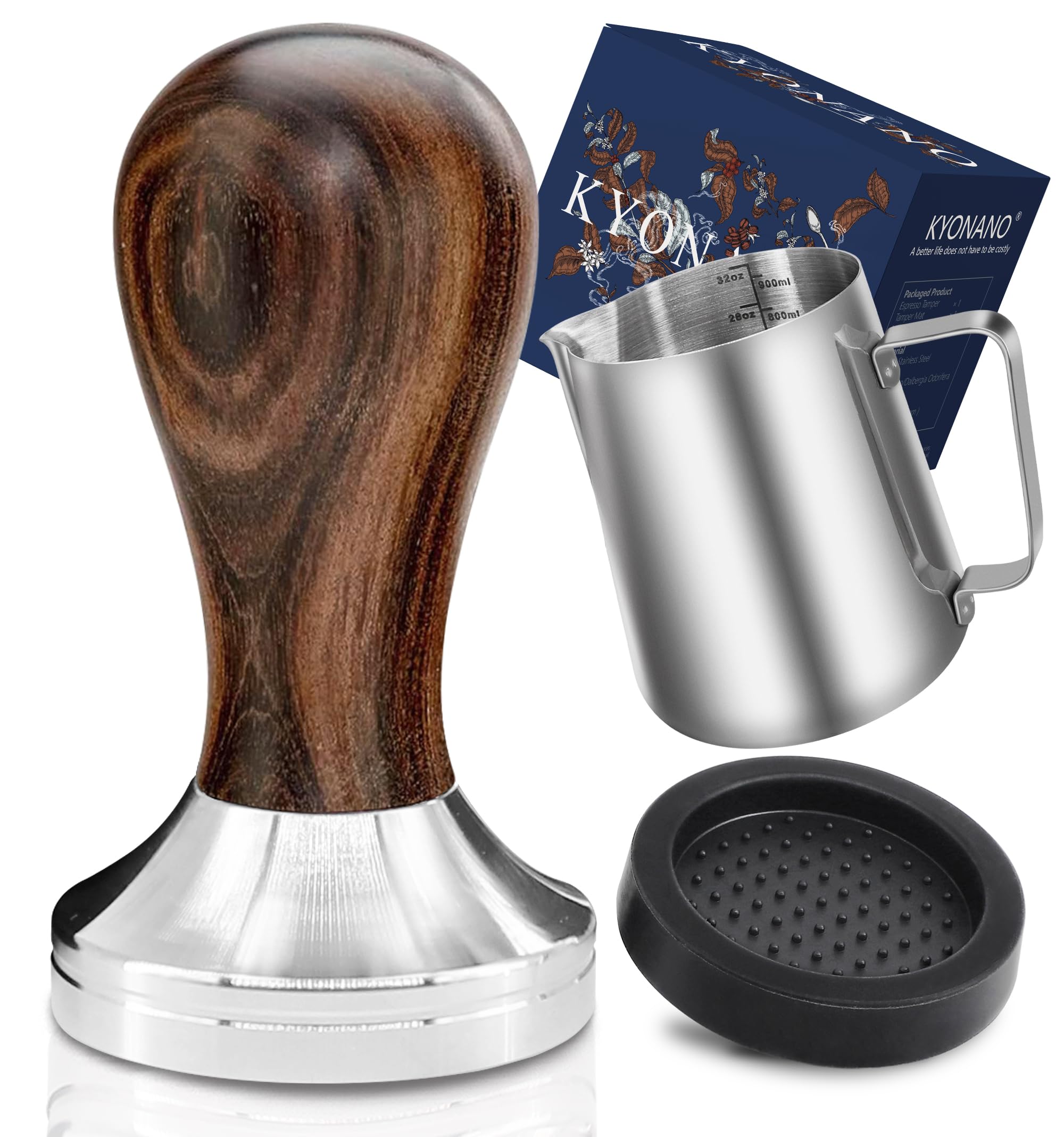 KYONANO Espresso Tamper 51mm Coffee Tamper Made Stainless Steel and Real Wood Handle, Barista Tamper with Tamper Mat, Milk Jug [350ml], Free E-Books - Barista Set for Coffee Enjoyment