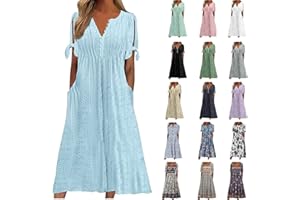 Wkishenl Summer Dresses for Women 2024 Casual V Neck Button Dress Short Sleeve Sun Dress Vacation Long Dress with Pockets