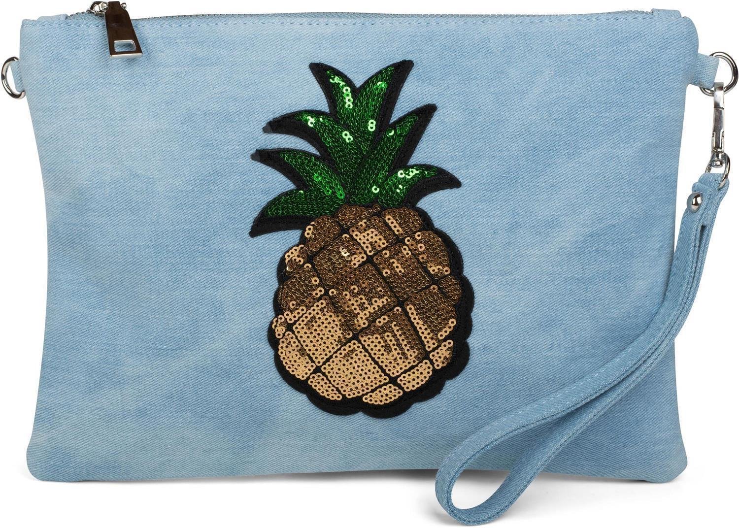 styleBREAKER jeans clutch with glittery sequins pineapple, shoulder strap and hand strap, bag, ladies 02012176, Colour:Light Blue