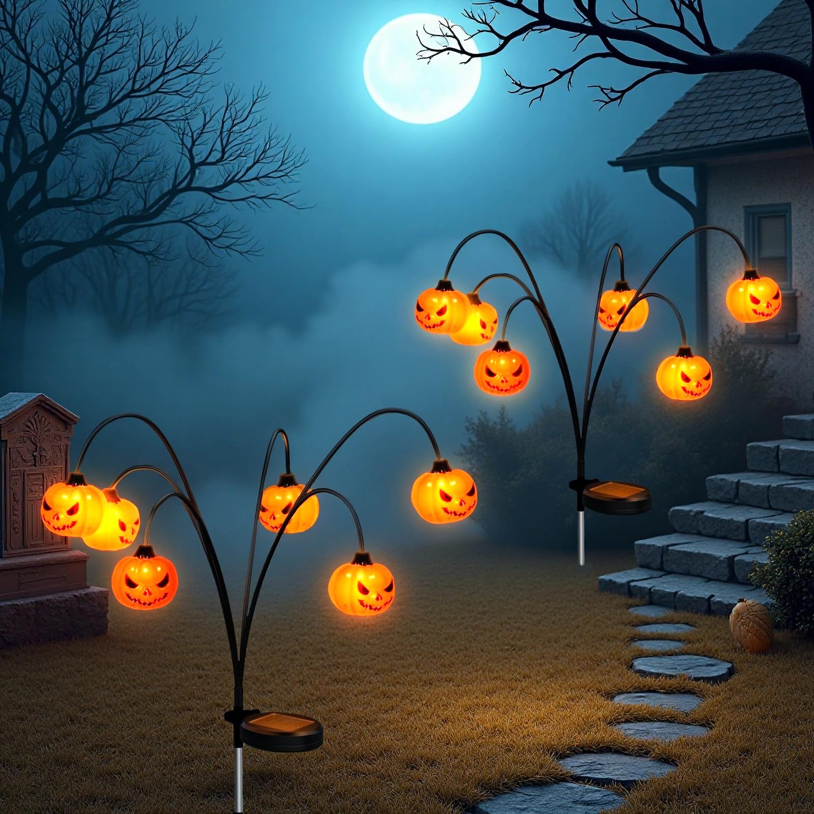 Photo 1 of Solar Halloween Lights Outdoor Waterproof, 2 Pack Pumpkin Solar Lights for Outside Thankgiving Decor,12LED Orange Pumpkin Swaying Lamps for Garden Decor, Yard, Lawn, Party Decorations
