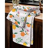 Miss Adola Waffle Cotton Kitchen Towels Set of 2-16x26 Inch Waffle Weave Dish Cloths with Hanging Loop Absorbent Reusable Hand Tea Towels Cute Design Home Decorative Housewarming, Lemon Orange