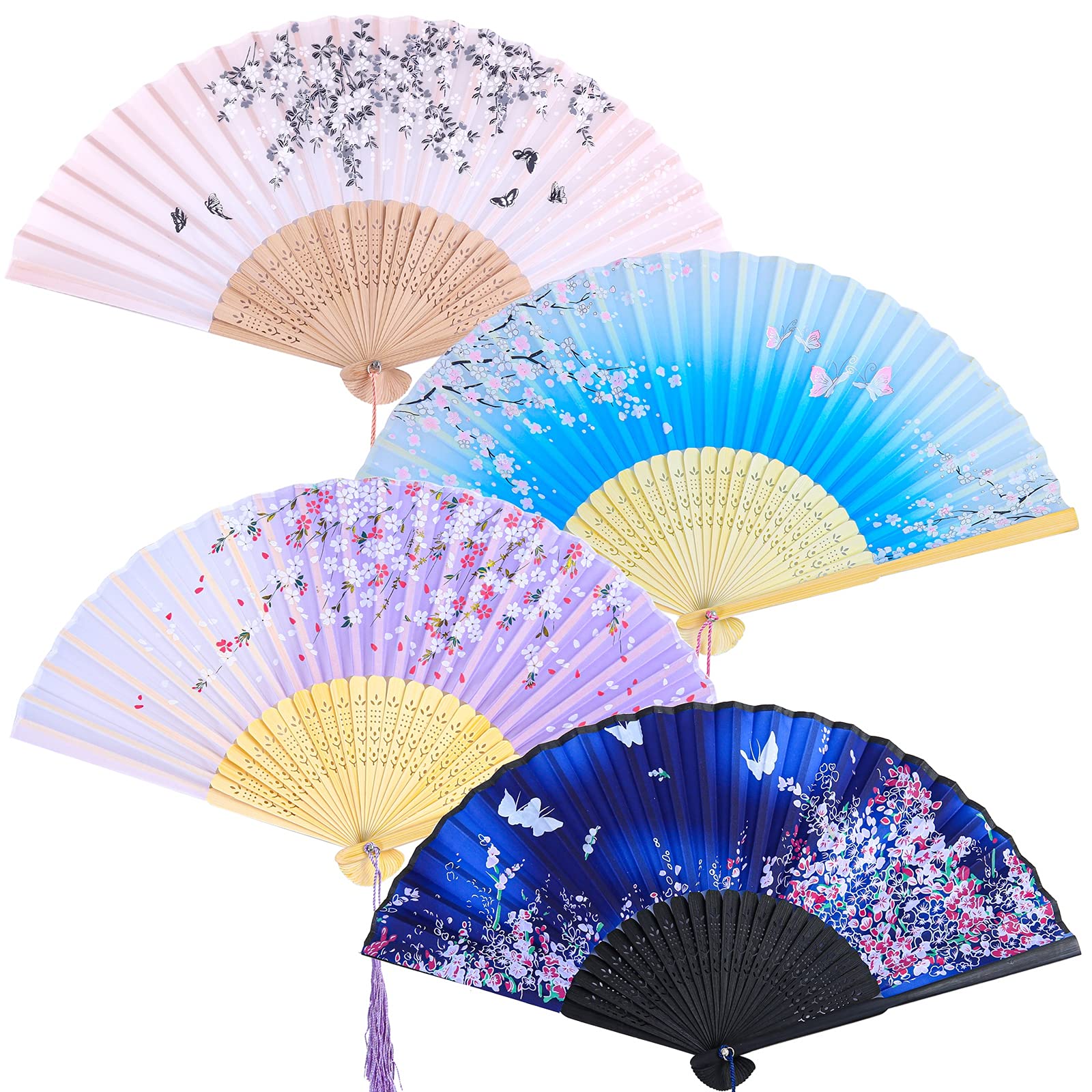 ANECO 4 Pieces Folding Fans Bamboo Handheld Fans Silk Fabric Fans Hand Holding Fans For Wedding, Party, Gifts, Wall Decoration