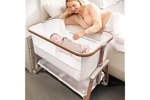 Motherly Haven Baby Bassinet Bedside Sleeper, Portable Crib for Newborns, Adjustable 7-Height Auto-Lock, with Wheels, Soft Mattress & Breathable Mesh