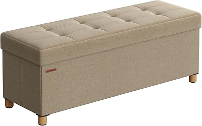 Puff Almacenaje, Baúl Plegable con Patas, 38 x 110 x 40 cm, Banco de Pie de Cama, Banco Almacenaje, Soporta hasta 300 kg, para Sala de Estar, Dormitorio, Entrada, Marrón Camello LSF018K11