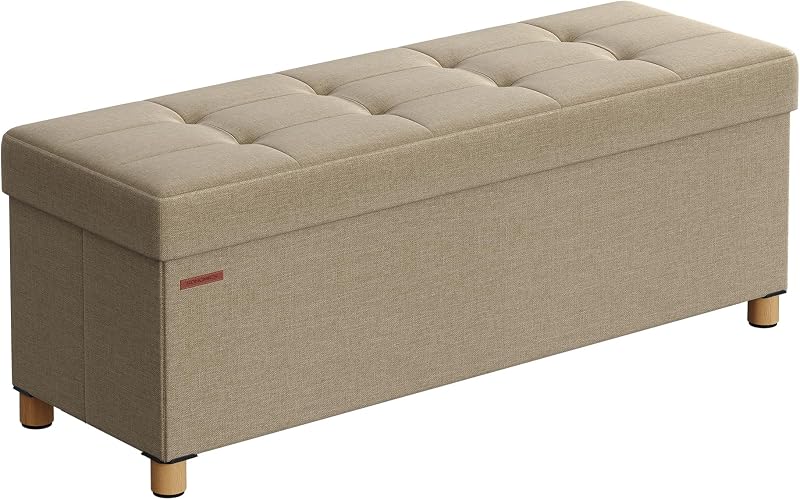 Puff Almacenaje, Baúl Plegable con Patas, 38 x 110 x 40 cm, Banco de Pie de Cama, Banco Almacenaje, Soporta hasta 300 kg, para Sala de Estar, Dormitorio, Entrada, Marrón Camello LSF018K11