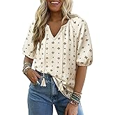 Chvity Womens Summer Boho Tops Flowy Floral Print Shirt Tie Front Vacation Clothes Casual V Neck Short Sleeve Blouses