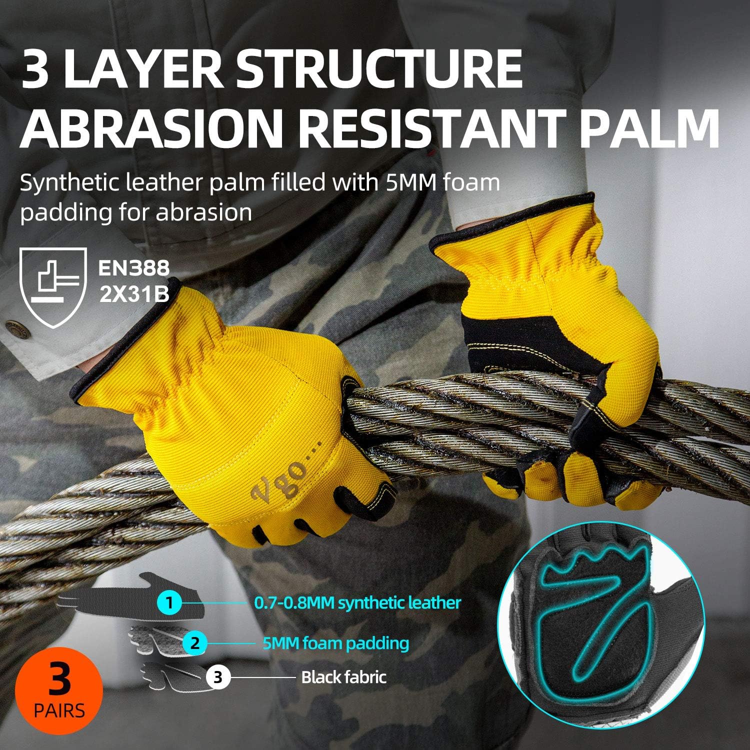 Vgo 3-Pairs Synthetic Leather Work Gloves, Multi-Purpose Light Duty Work Gloves, Breathable & High Dexterity, Touchscreen (Size M, Yellow, Red & Grey, NB7581) - - 