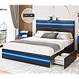AOGLLATI Queen Bed Frame with 4 Storage Drawers and Headboard, Leather Led Bed Frame Queen Size with Charging Station and Double Led Lights, No Box Spring Needed, Black