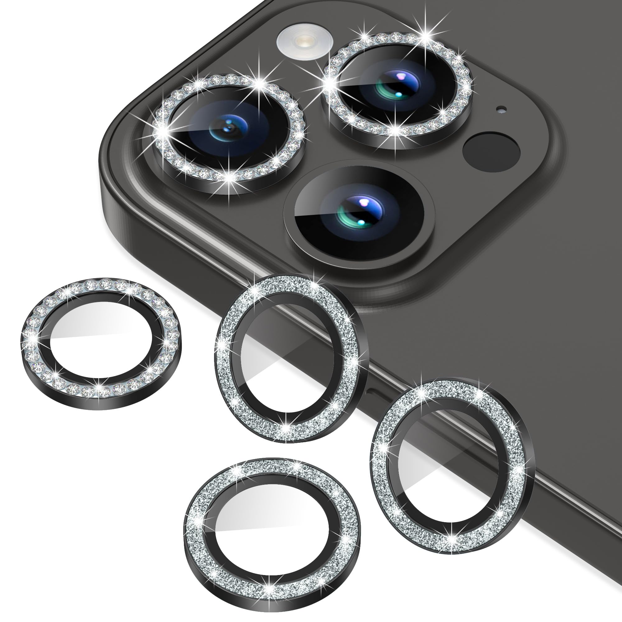 Photo 1 of AGVEE 3+3 6 Pack for iPhone 14 Pro 6.1" / 14 Pro Max 6.7" Camera Lens Protector, Bling Diamond & Bling Glitter Metal Ring 9H Tempered HD Glass Camera Cover Film, Bling-Black