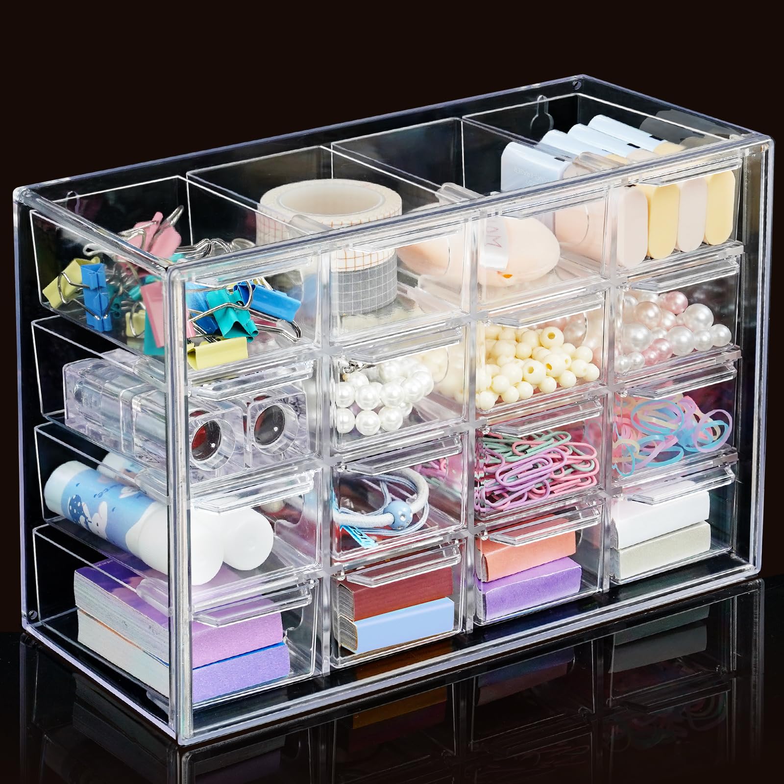 Photo 1 of ***MAJOR DAMAGE*** ***READ CLERK NOTES*** Desk Storage Organizer with 16 Mini Drawers, FODIENS Stackable Desktop Craft Drawer Cabinet, Clear Storage Box Caddy for Makeup Jewelry Office Craft Supplies