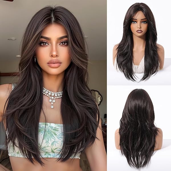 LONG STRAIGHT BROWN WIG WITH BANGS BROWN LAYERED...