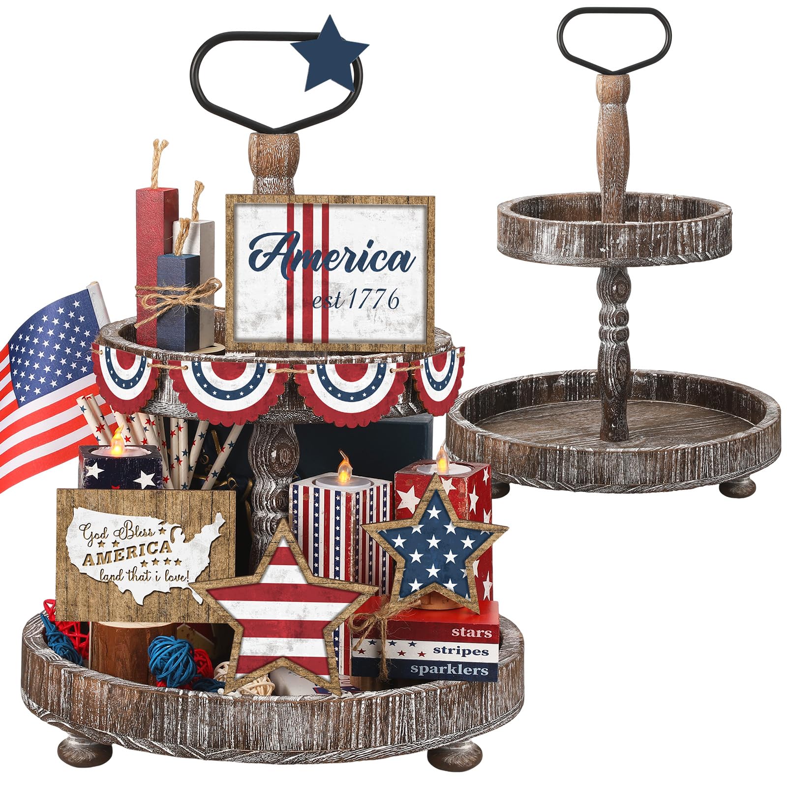 Photo 1 of 15 Pcs 4th of July Patriotic Tiered Tray Decor Set with Vintage Wooden Tray Patriotic Independence Day Decoration Rustic Farmhouse Memorial Day Tiered Tray Sign Wooden Red White Blue Decor for Table