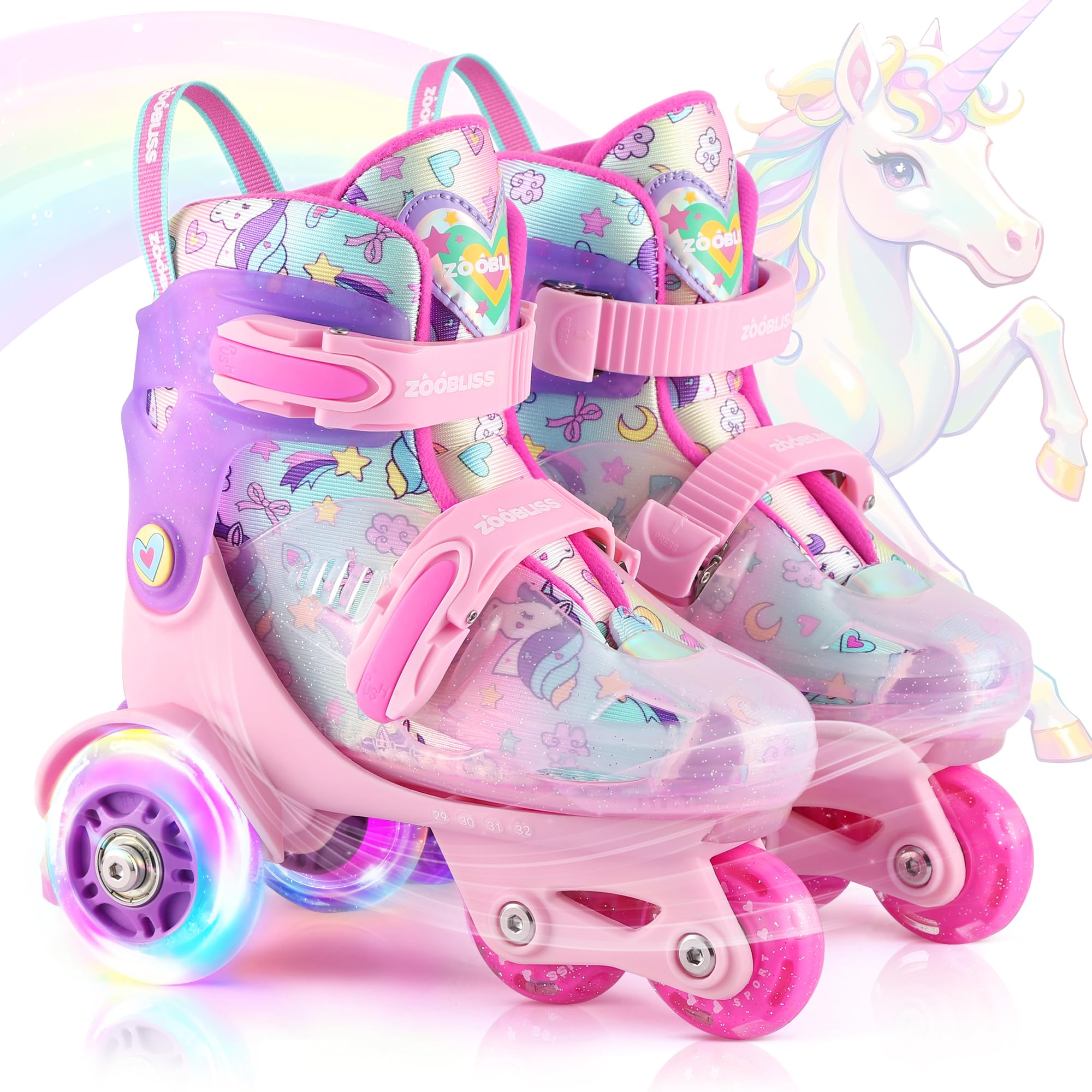 Photo 1 of Kids Roller Skates for Beginners - ZOOBLISS Toddler Roller Skates for Girls Ages 3-7 with Light-Up Wheels & 4 Adjustable Sizes, Tri-Wheel Training Skates for Kids (Unicorn Rainbow)