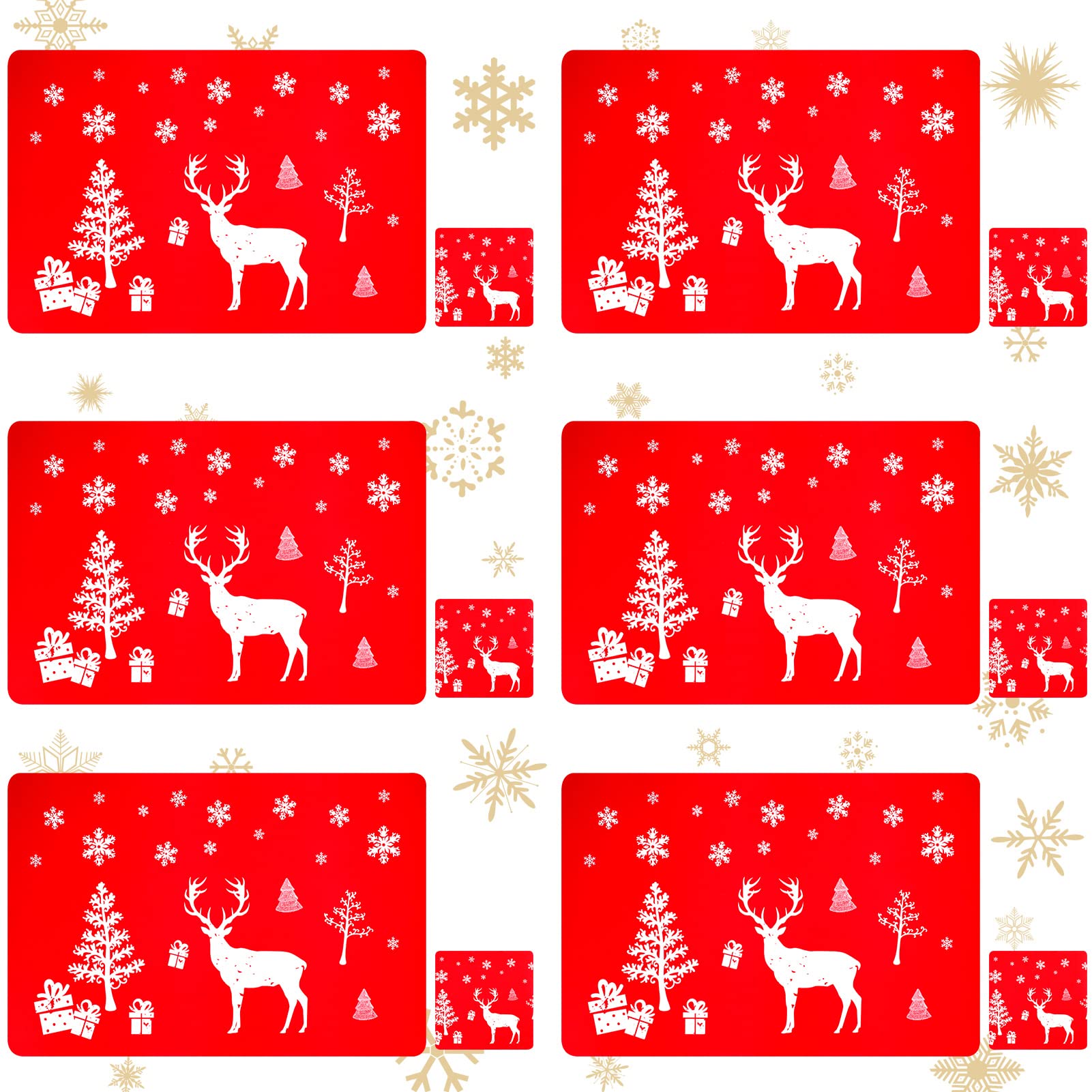 Pwsap 12PCS Christmas PVC Placemats Coasters Set, Washable Heat Resistant Reindeer Xmas Heat Resistant Placemats for Dining Table Decoration