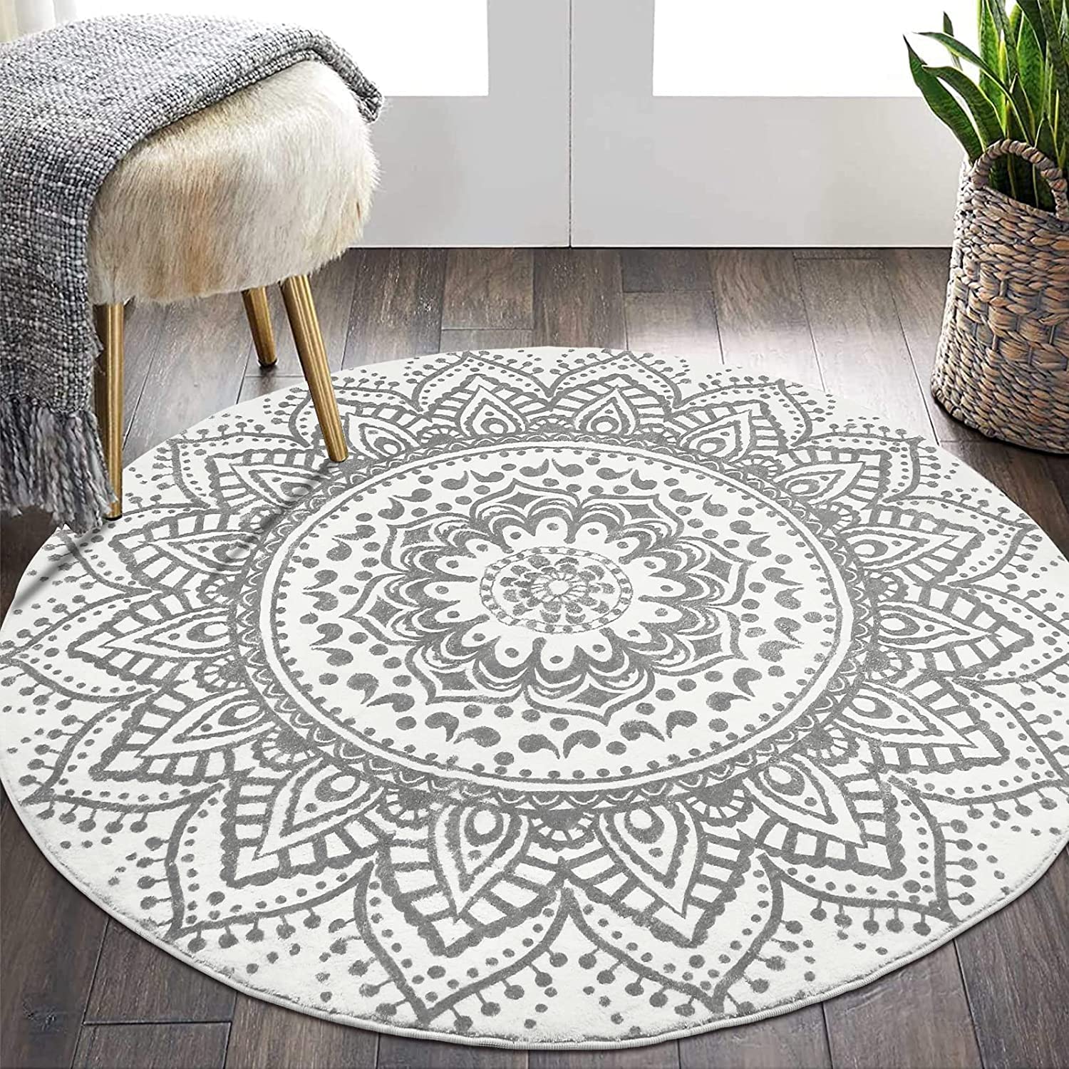 Pauwer Round Area Rug 120 cm Shaggy Ultra Soft Touch Carpet Luxury Fluffy Non Slip Washable Living Room Rug Floor Bedside Carpet Rug, Light Grey