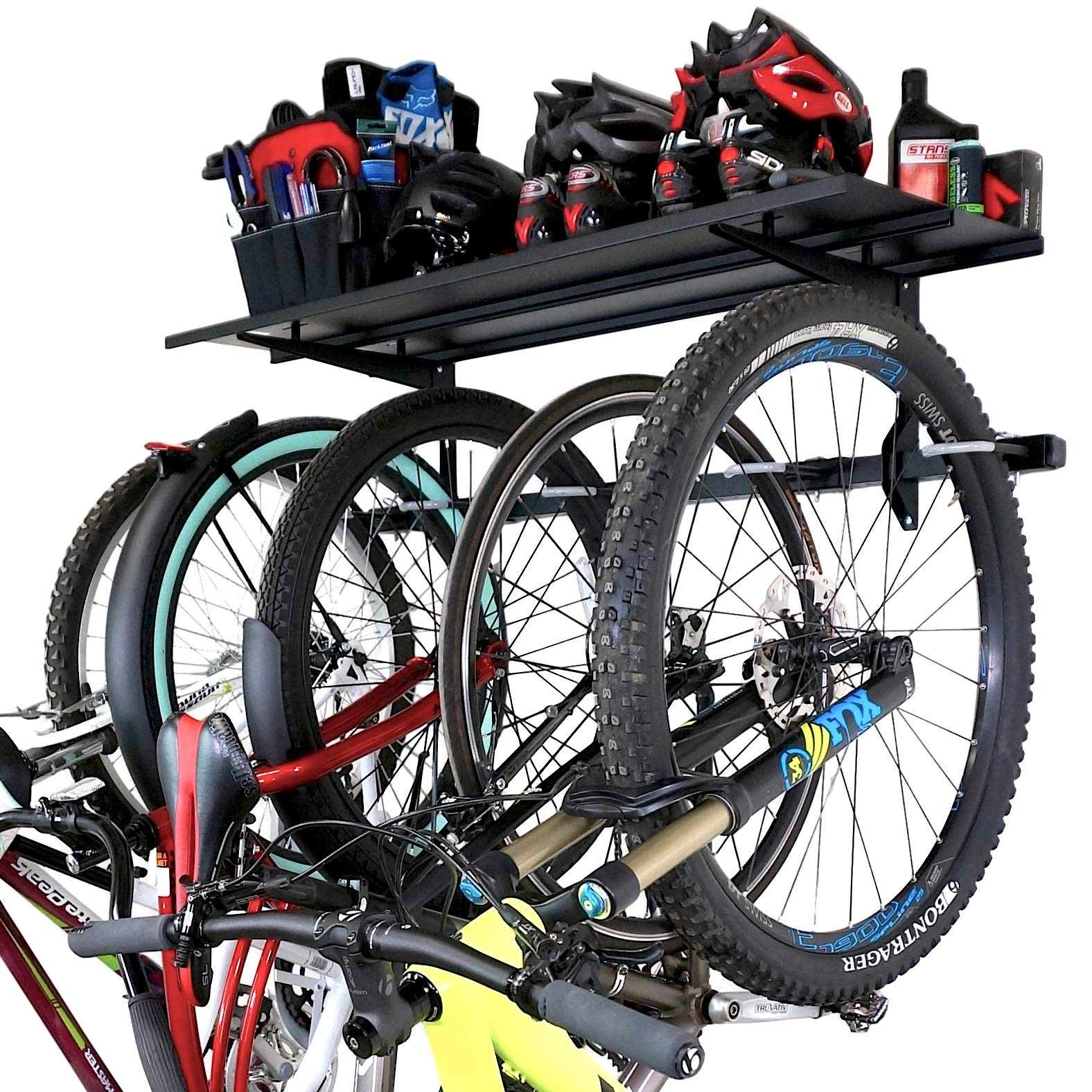StoreYourBoard 5 Bike Storage Rack with Shelf, Holds 135 kg, Indoor Wall Mount, Adjustable Cycling Organizer