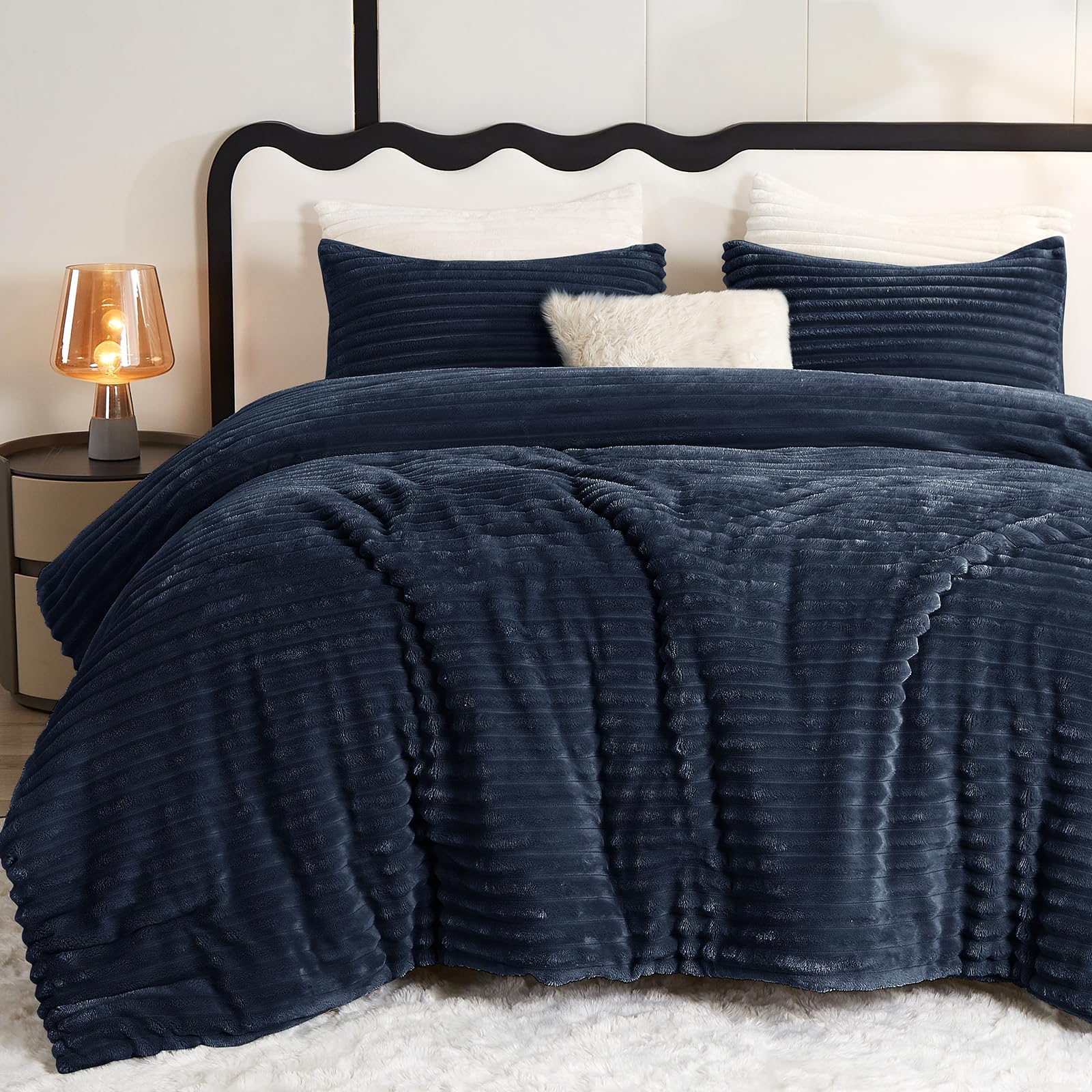 CozyLux Fluffy Queen Comforter Set - Super Soft Faux Fur Navy Blue Comforter Queen Size, Winter Warm Fleece Bedding Set, 3 Pieces Plush Fuzzy Bed Set (1 Shaggy Comforter, 2 Pillowcases)