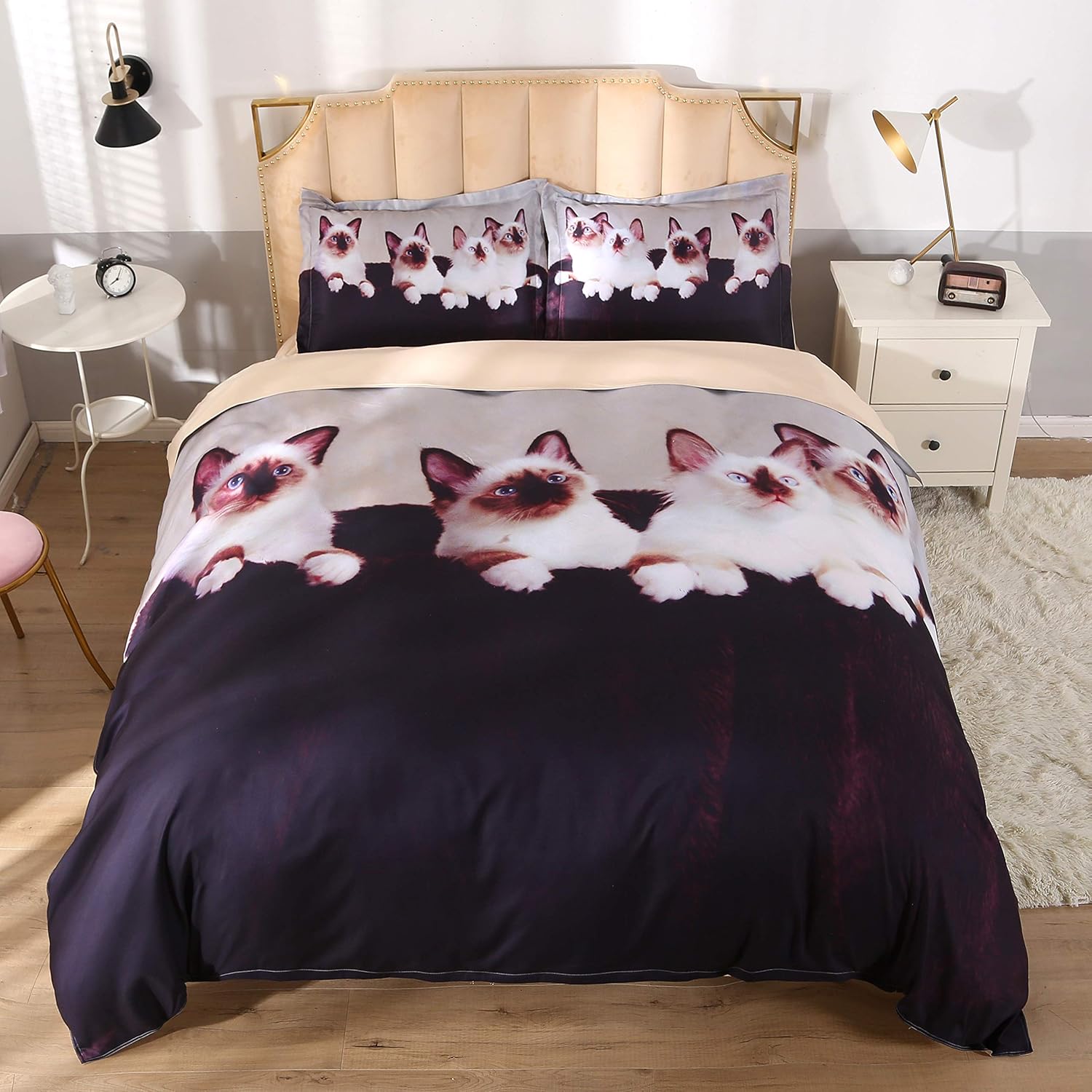 KINBEDY 3D Cats Colorful Animal Theme Digital Bedding for Boys and Girls, 4 Piece Blue and White Duvet Cover Set Queen Size.