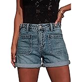 Astylish Womens Jean Shorts Casual Buttoned High Waisted Stretchy Patch Pocket Trendy Cuffed Denim Shorts