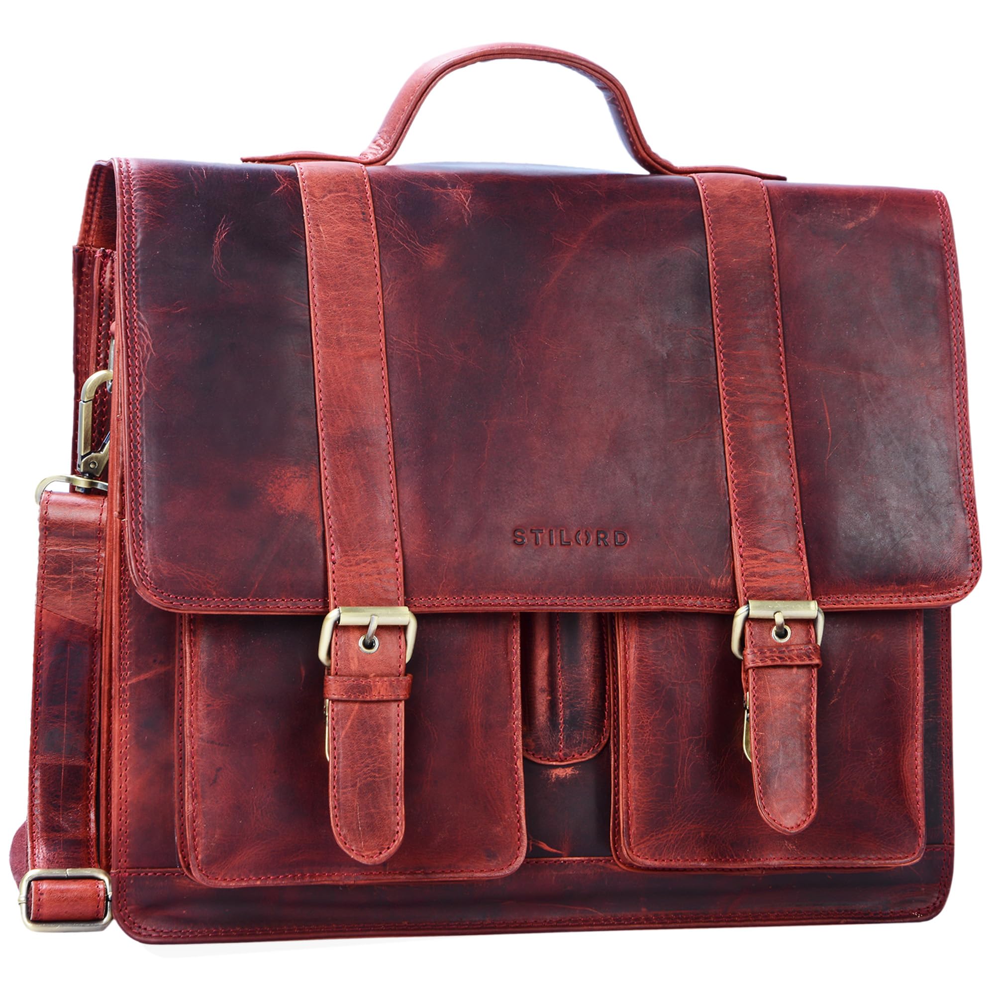 STILORD "Marius" Teacher Bag XL School Bag Leather Satchel Men Women Business Shoulder Bag Witch 14 inch Laptop Compartment Genuine Leather Colour:Kara - red