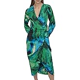 DKNY Womens Long Sleeve Surplice Neck Faux Wrap Midi Dress