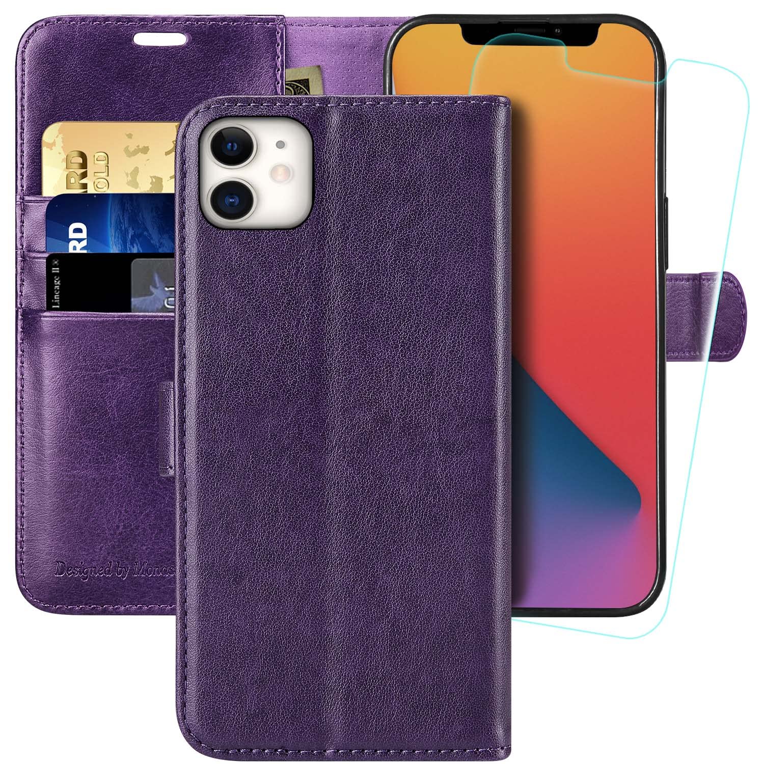 MONASAY Wallet Case for iPhone 11,6.1inch, [Glass Screen Protector Included][RFID Blocking] Flip Folio Leather Cell Phone Cover with Credit Card Holder for iPhone 11,Purple — image 1