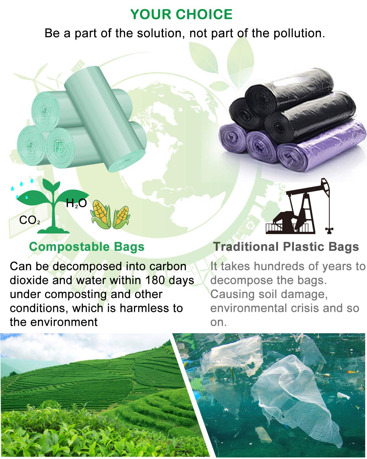 8 Gallon Biodegradable Trash Bags, Thicken 0.98Mils Recycling Bags, Unscented Strong Compostable Trash Bags for Office,Home,Bathroom,Bedroom,Car,Kitchen,Pet Trash Can Liners