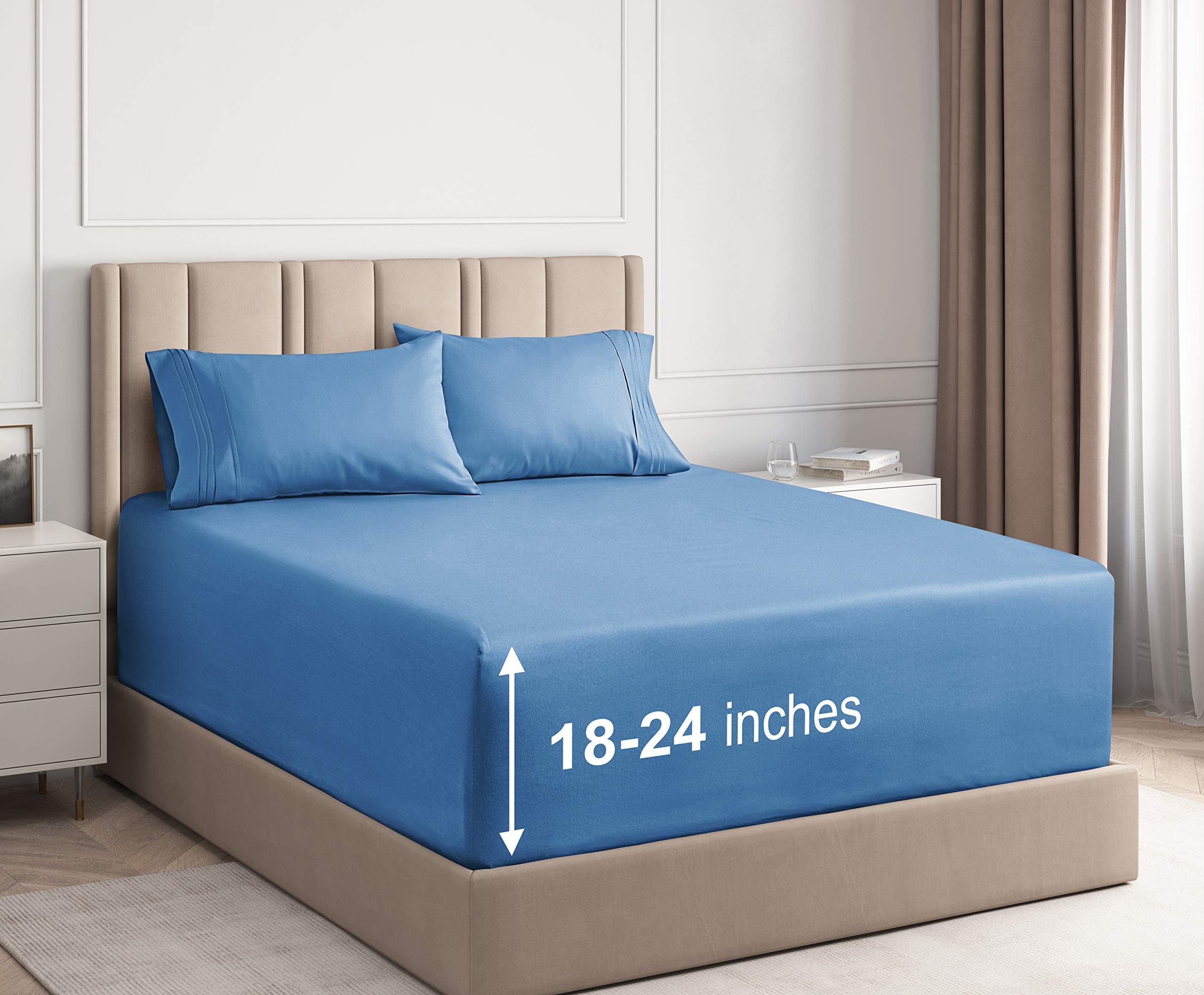 Extra Deep Pocket Cal King Sheets - 4 Piece Breathable & Cooling Bed Sheets - Hotel Luxury Sheet Set - Soft, Wrinkle Free & Comfy - Easily Fits Extra Deep Mattresses - Deep Pocket Denim Blue Sheets