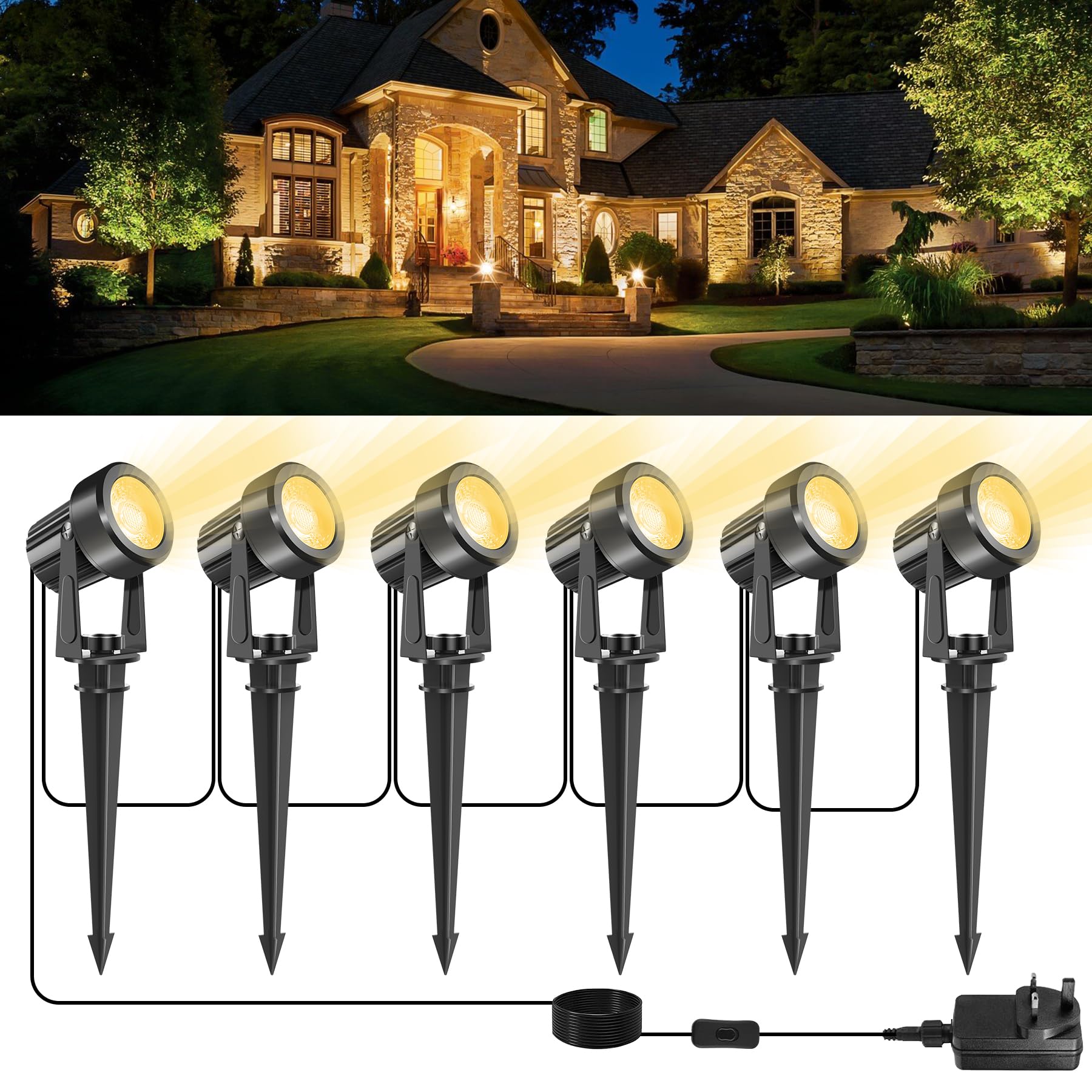 NATPOW Garden Spot Lights, Christmas Pathway Lights Mains Powered, Warm White LED Outdoor Landscape Spike Lights with Adapter, IP65 Waterproof 5V Spotlights for Christmas Decorations,Driveway(6-in-1)