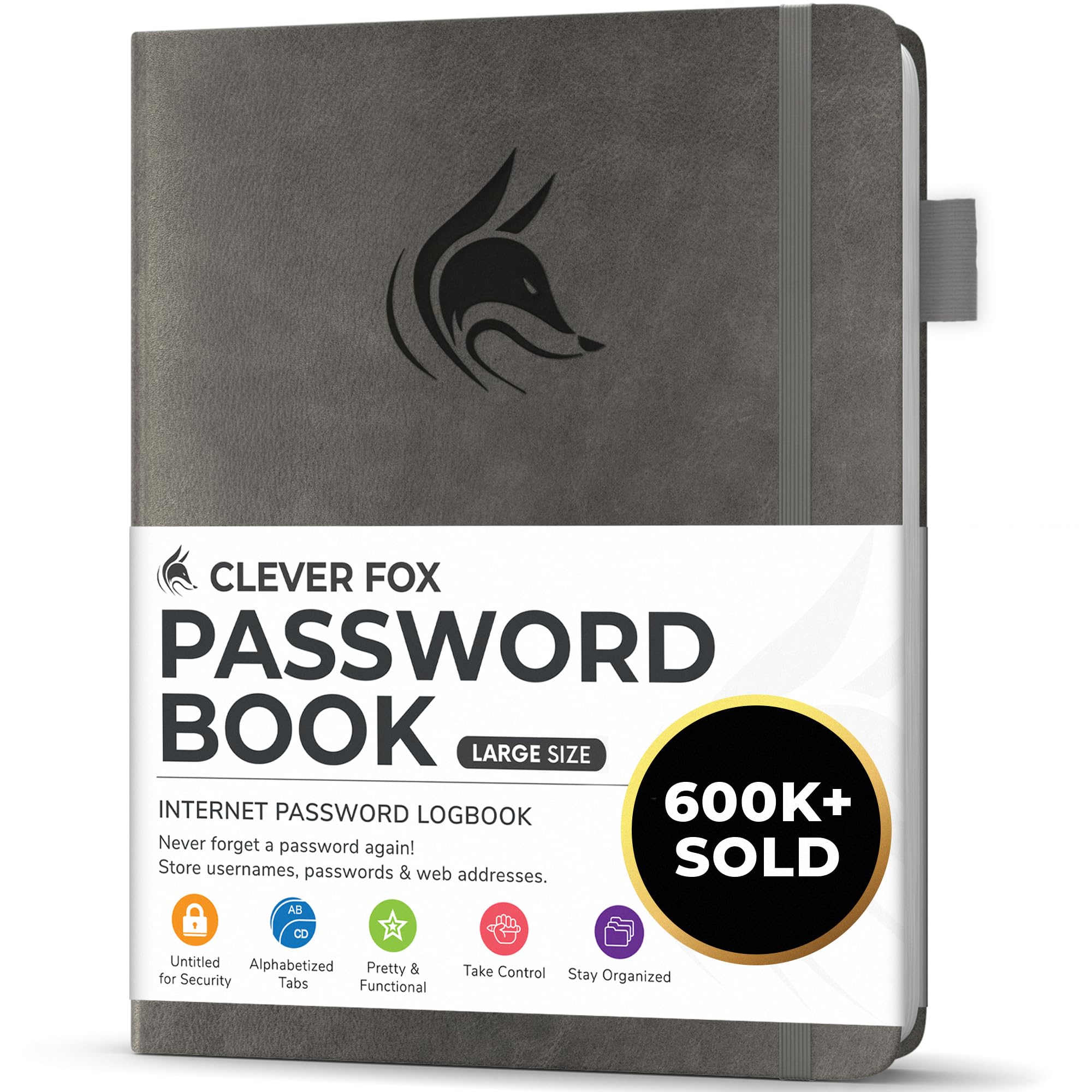 Clever Fox Password Book with alphabetical tabs. Internet Address Organizer Logbook. Large Password Keeper for Website Logins (Grey)