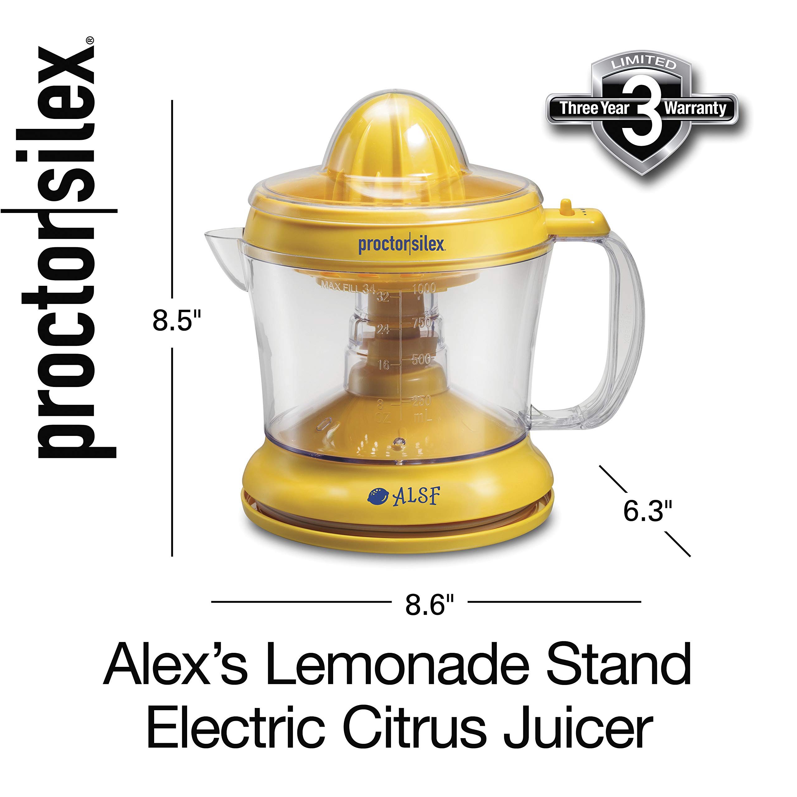 Proctor Silex Alex's Lemonade Stand Electric Citrus Juicer Machine and Squeezer, for Lemons, Limes and Oranges, 34 oz, Yellow (66331)