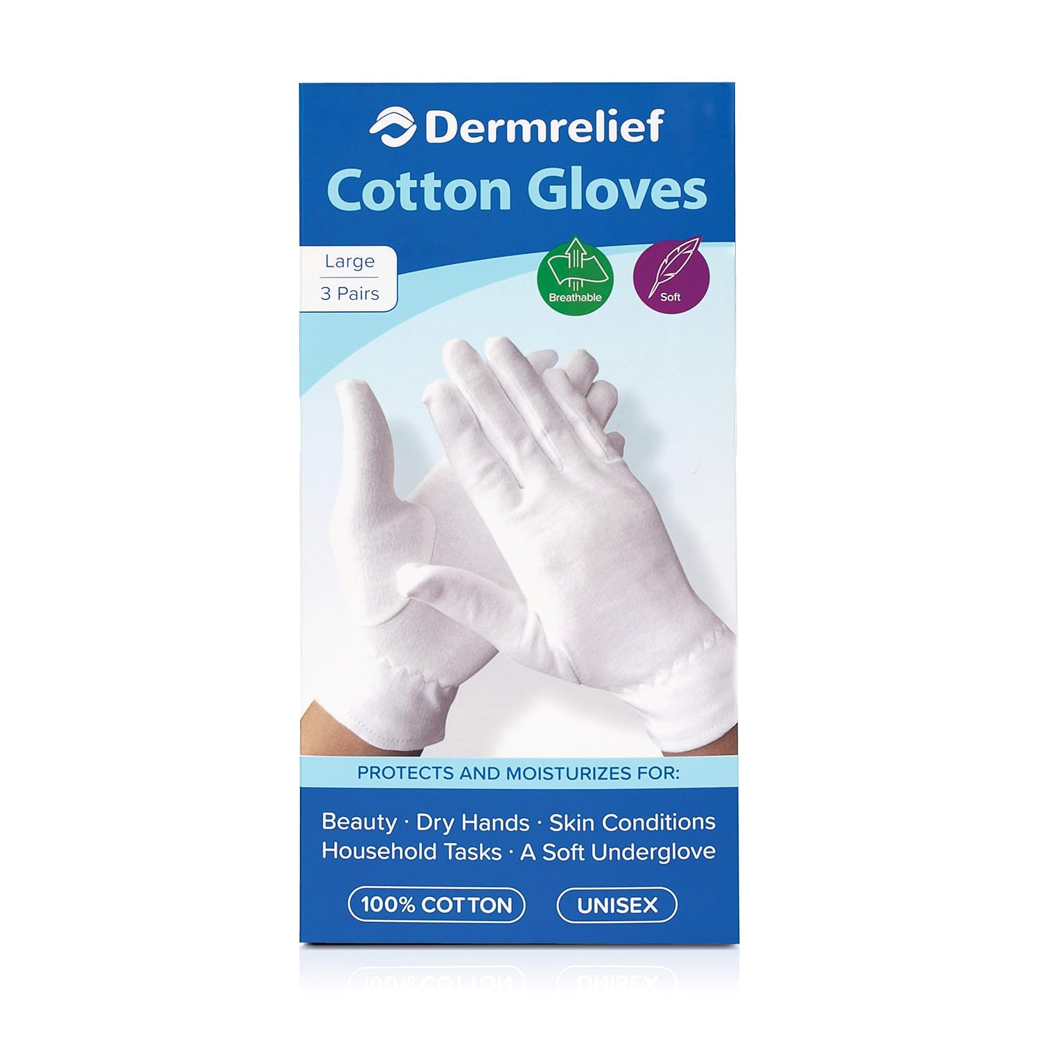 Dermrelief Cotton Gloves - for Beauty, Dry Hands, Eczema, Dermatitis and Psoriasis (Large, 3 Pairs) : Beauty