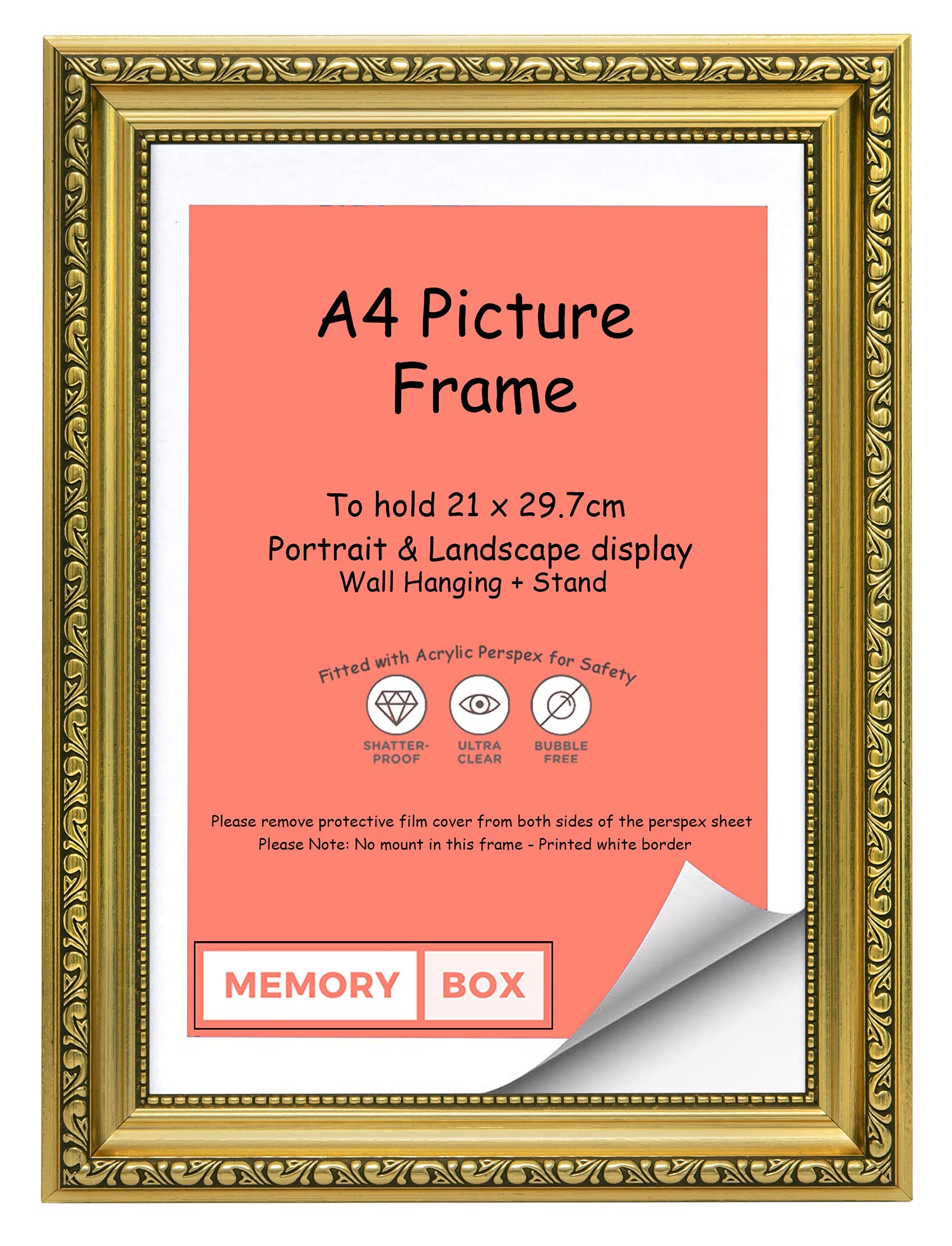 Memory Box Ornate Shabby Chic Picture/Photo/Poster frame with Perspex Sheet - Gold A4
