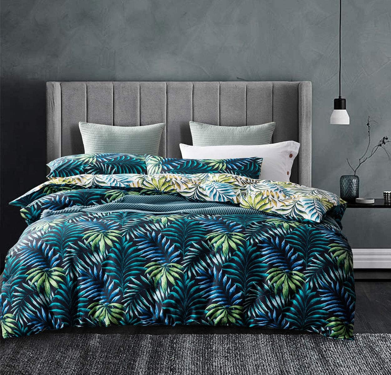 SLEEPBELLA Duvet Cover Queen, 600 Thread Count Cotton Green Botanical Pattern Reversible Comforter Cover