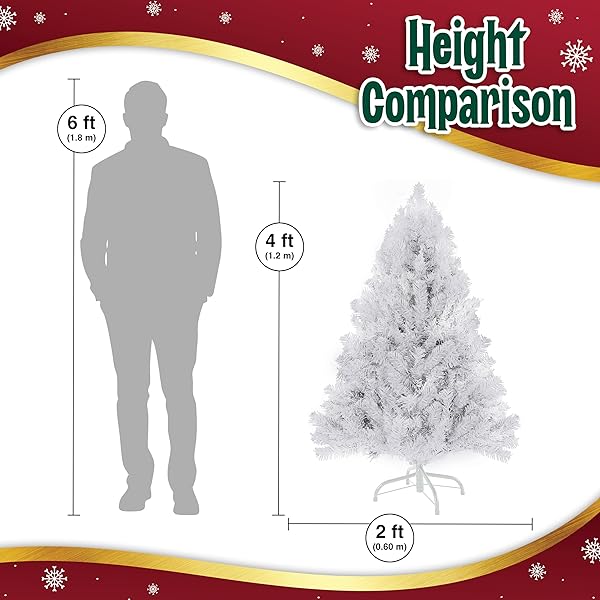 4FT WHITE CHRISTMAS TREE – PREMIUM HINGED ARTIFICIAL SMALL CHRISTMAS TREE, CANADIAN FIR FULL BODIED 4 FEET TREE WITH 320 TIPS, LIGHTWEIGHT AND EASY TO ASSEMBLE HOLIDAY DÉCOR TREE WITH METAL STAND