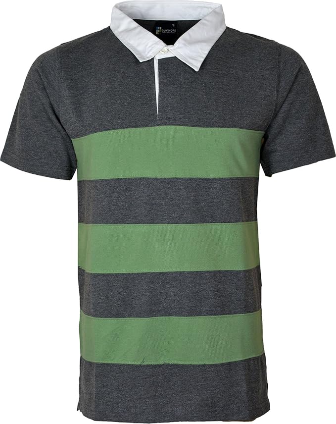 Kentex Online Mens Rugby Striped Polo Shirt White Highlighted Collar Heavy Polyester Cotton S M