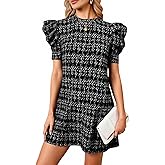 winkbay Women's Plaid Puff Short Sleeve Dress Elegant Crew Neck Mini Flowy Work Office Dresses