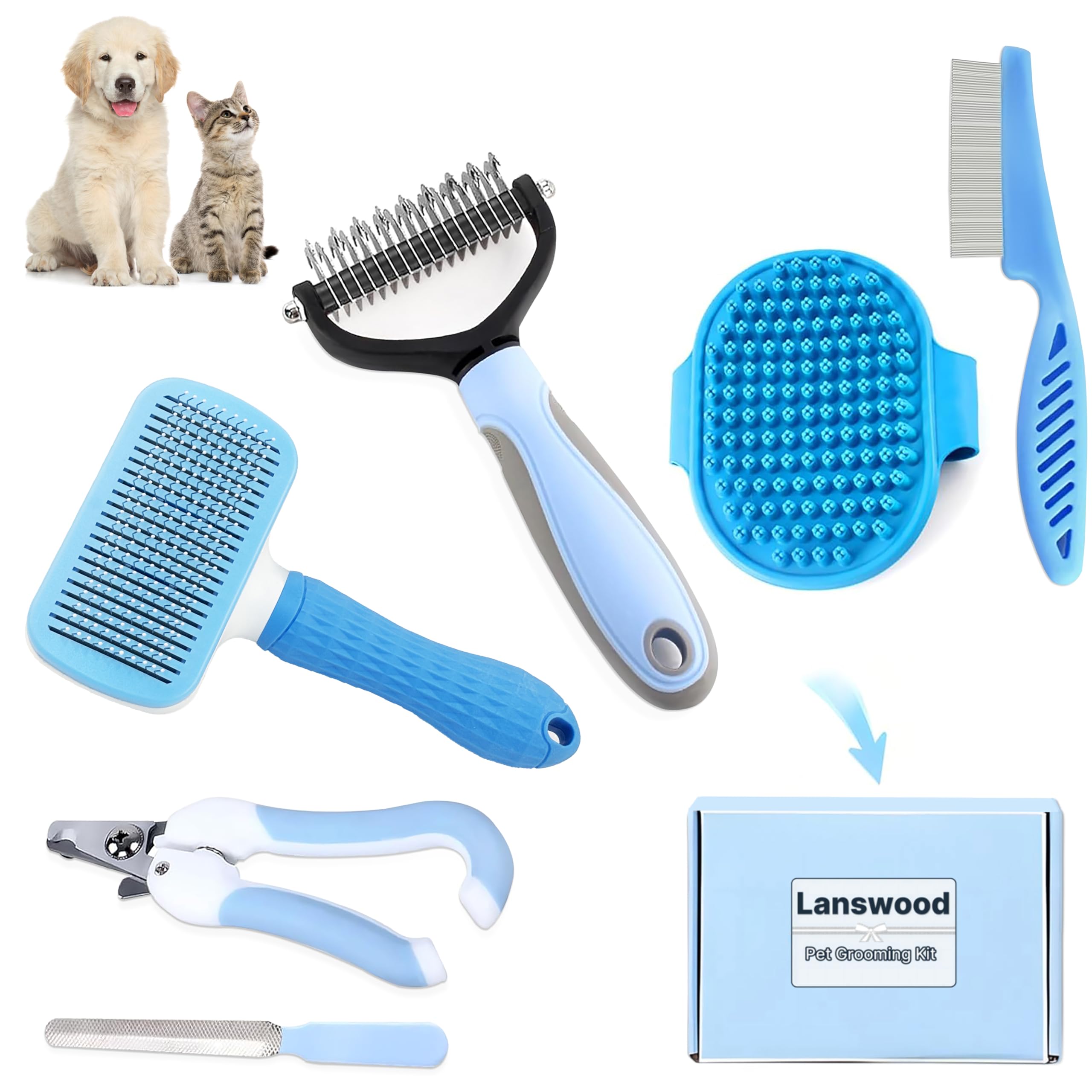 Lanswood 6 Pack Dog Grooming Kit Dogs Brush-Slicker Brushes, Double Sided Shedding Brush, Nail Clipper with Nail File, Flea Comb for Pet, Bath Brushes for Cat