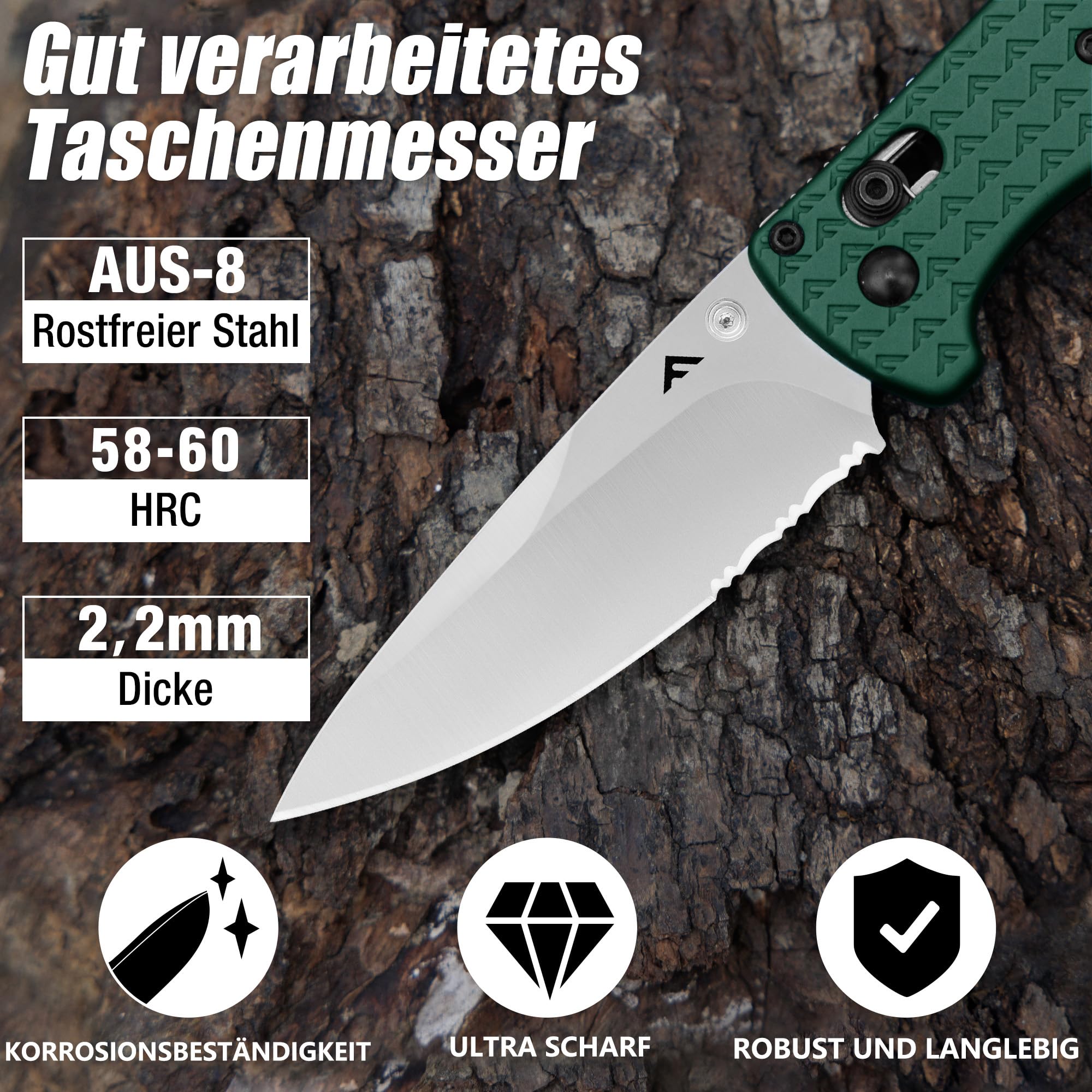 FLISSA Taschenmesser Klappmesser, AUS-8 Edelstahl, Scharfes Outdoor Messer mit Taschenclip, Klappbares Taschenmesser EDC Messer für Outdoor Jagd Camping, Grün 5